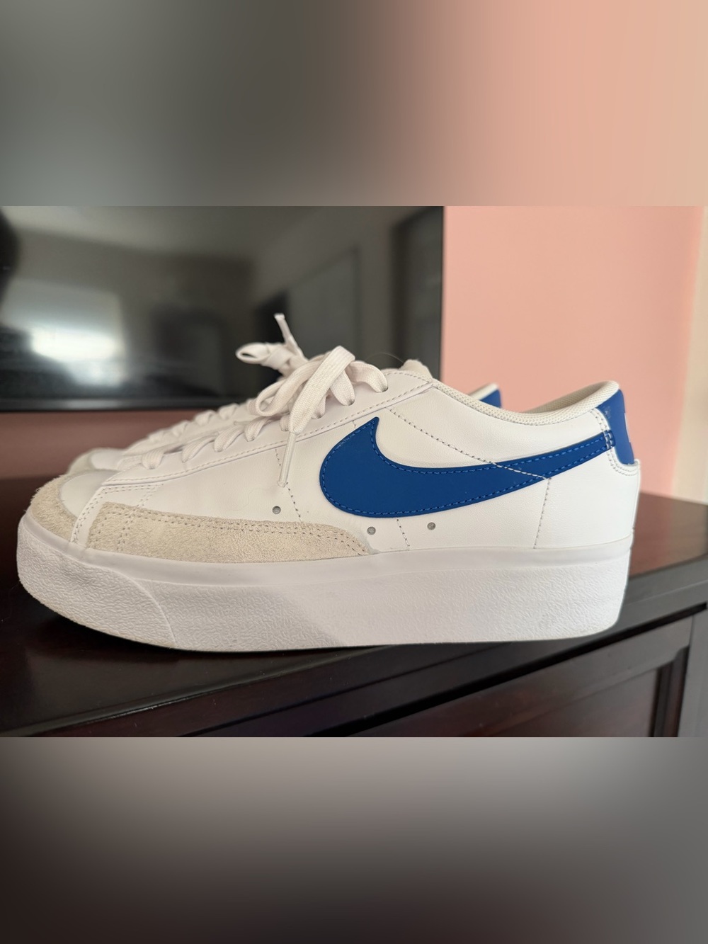 Nike White Sneakers with Royal Blue Swoosh